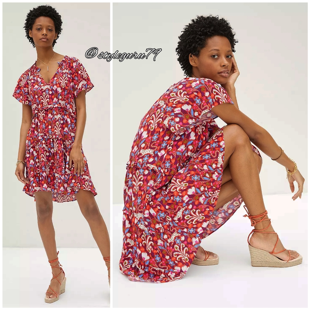 NWT, Anthropologie, Robin Printed Flounced Tiered Mini Dress